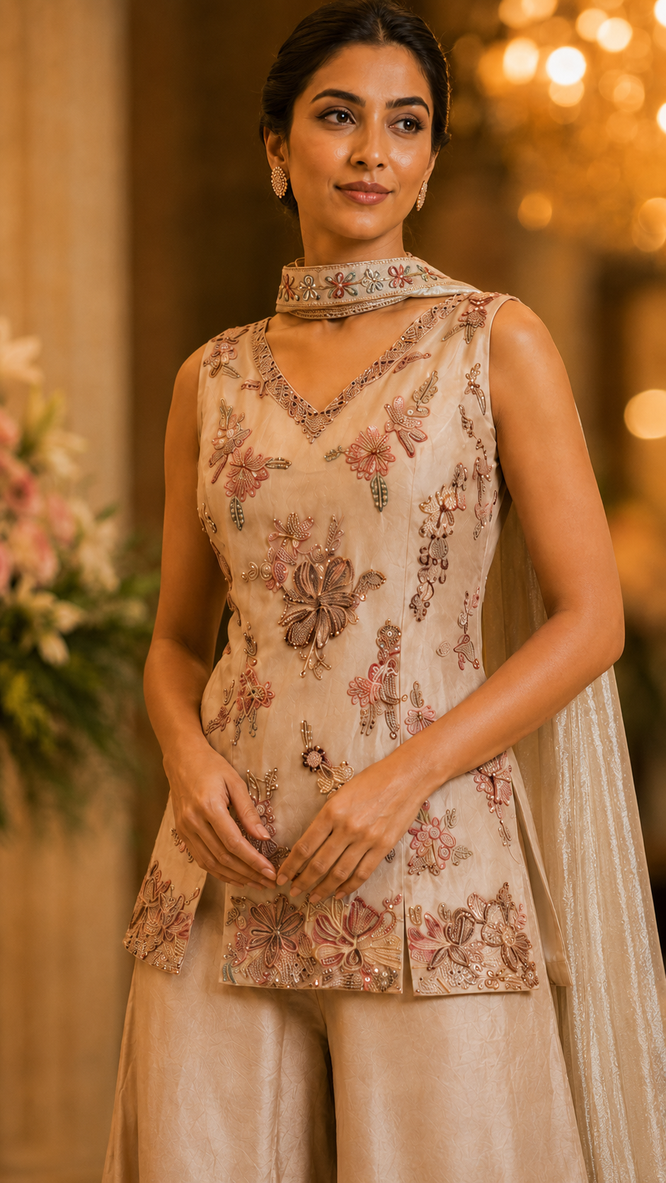 Beige Tissue Silk Sharara Suit