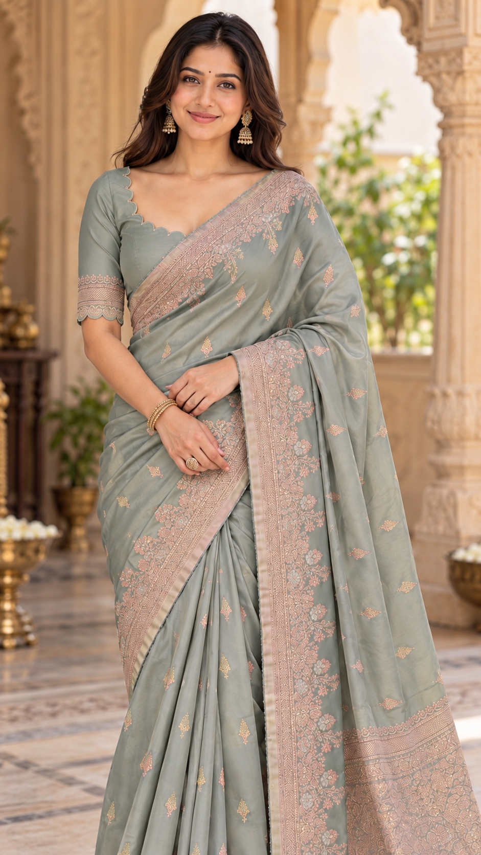 Muted Ash Grey Banaras Satin Silk Saree