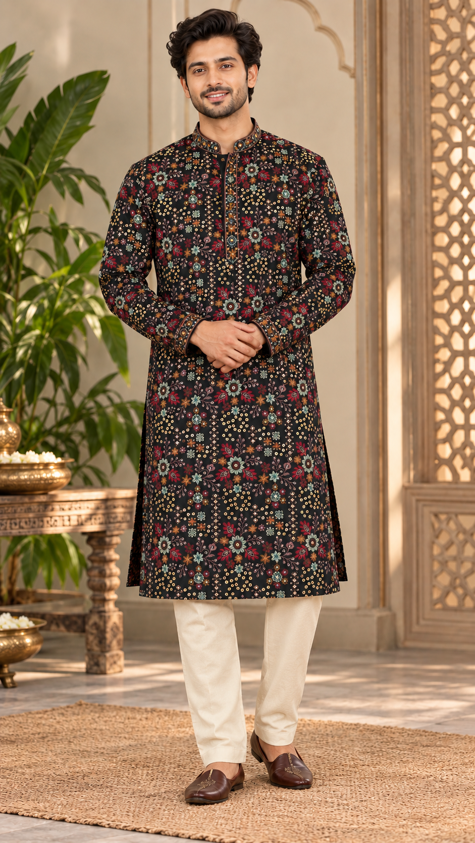 Black Multicolor Floral Embroidered Kurta Set