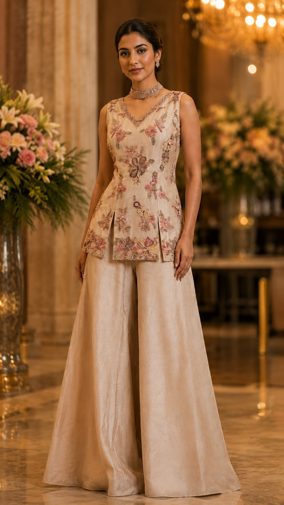 Beige Tissue Silk Sharara Suit
