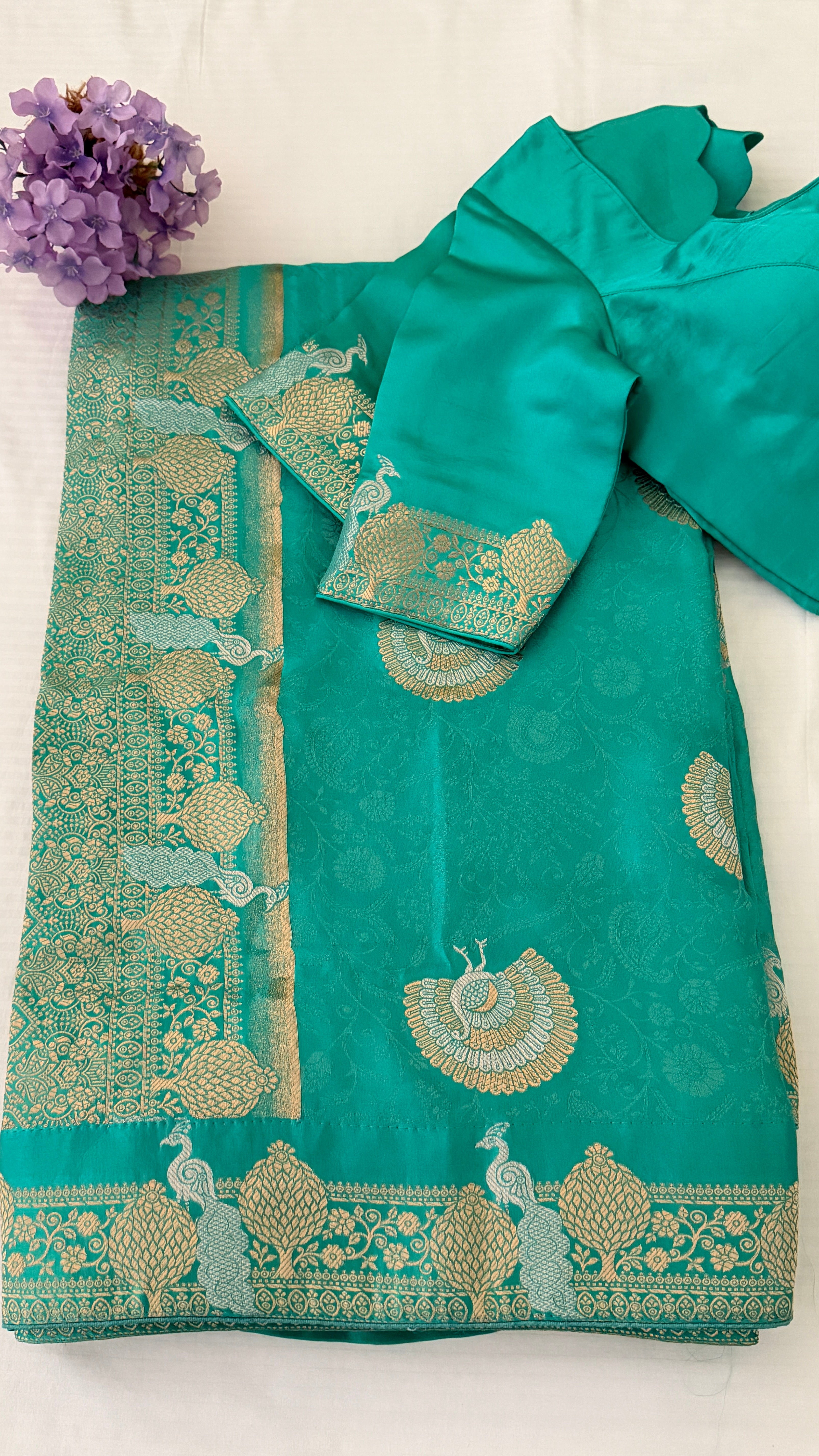 Seagreen Banaras Satin Silk Saree