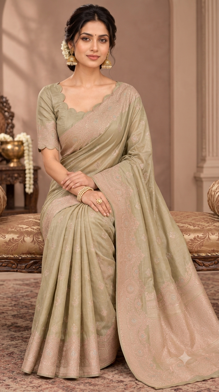Muted Sage Green Banaras Satin Silk Saree