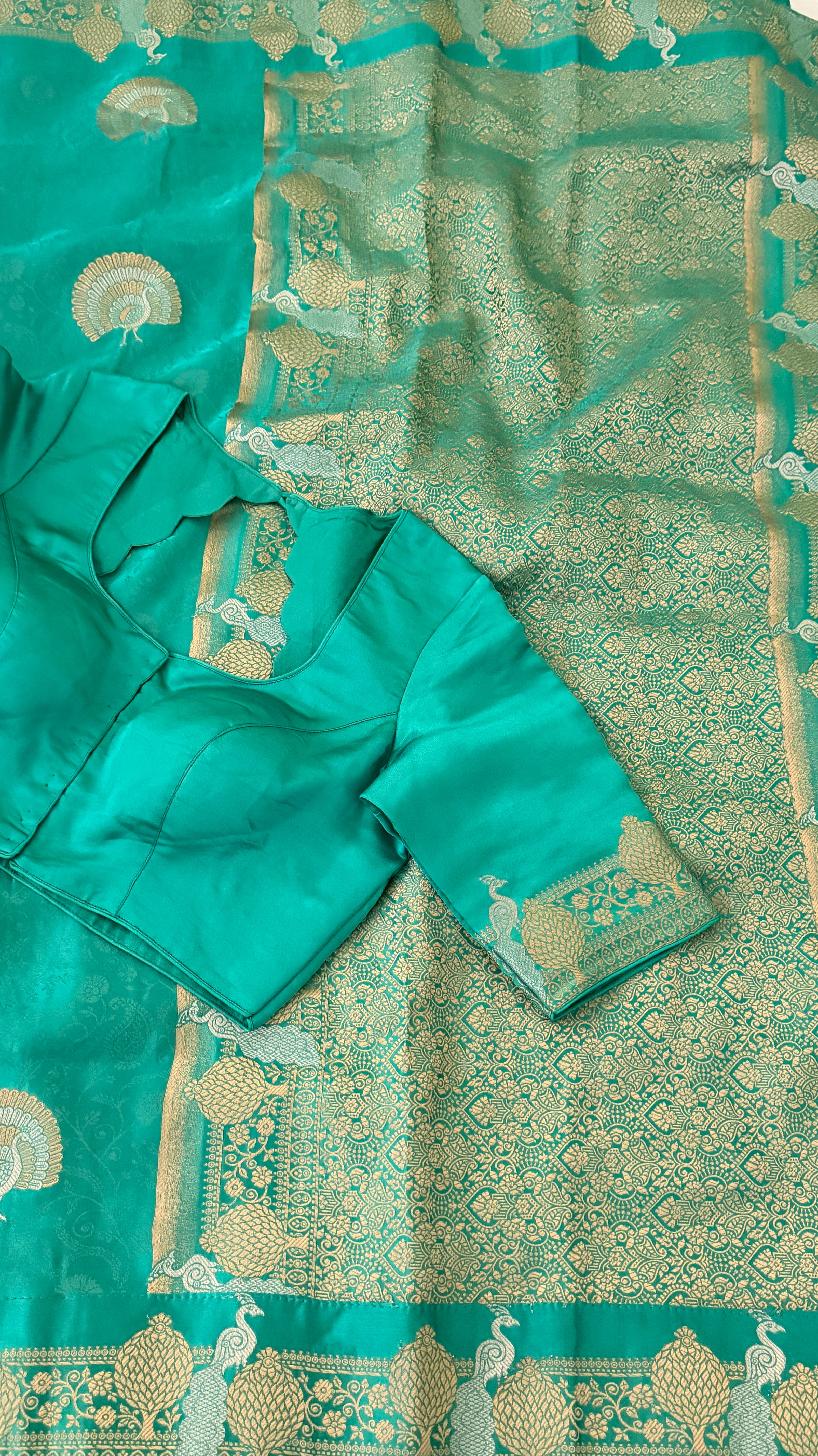 Seagreen Banaras Satin Silk Saree