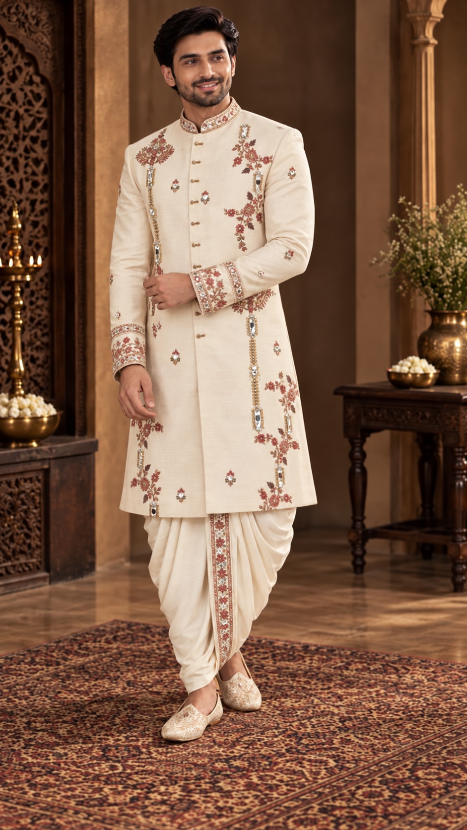 Cream Embroidered Sherwani with Bordered Dhoti Pants