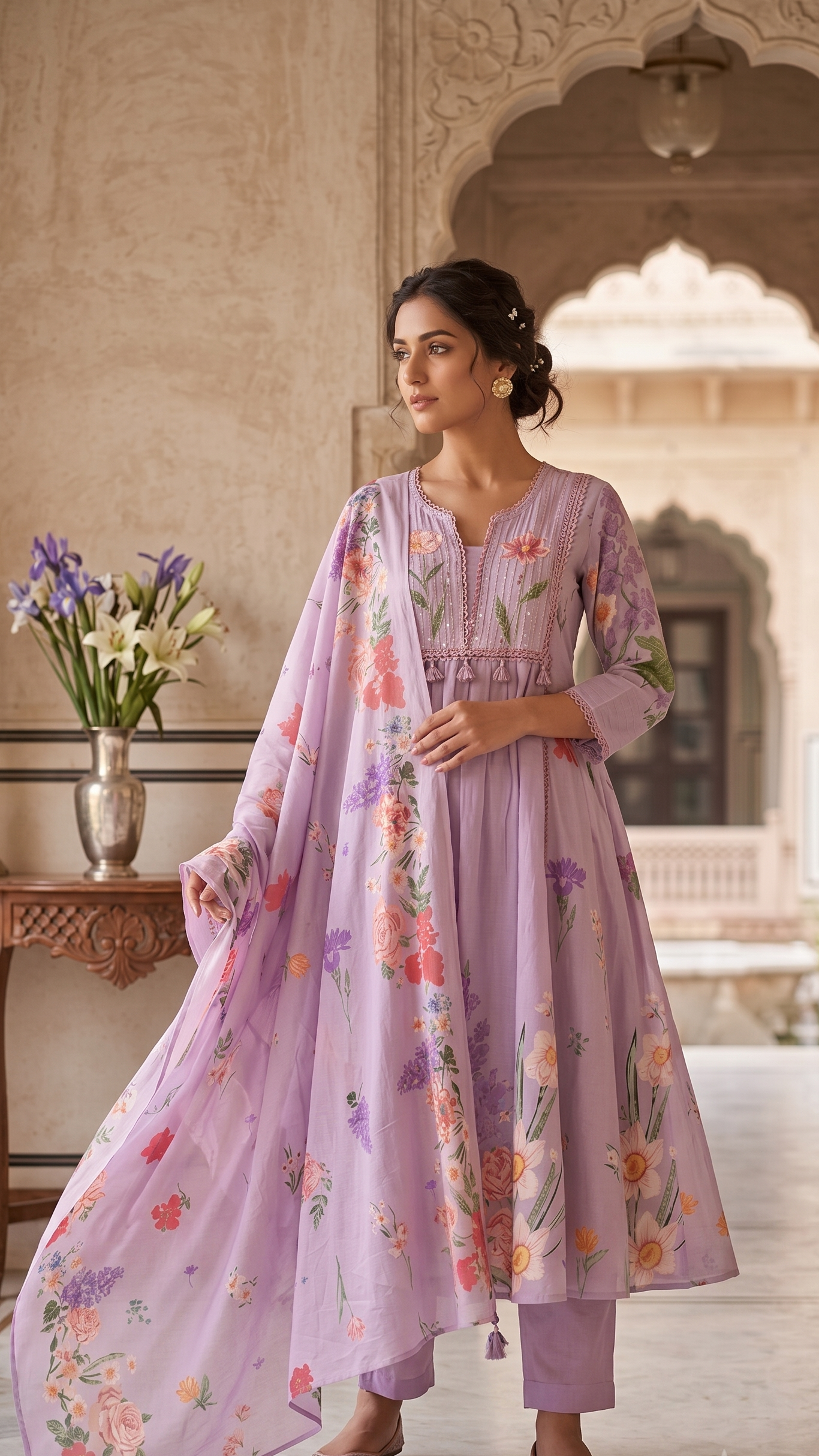 Purple Mul Cotton Floral Suit