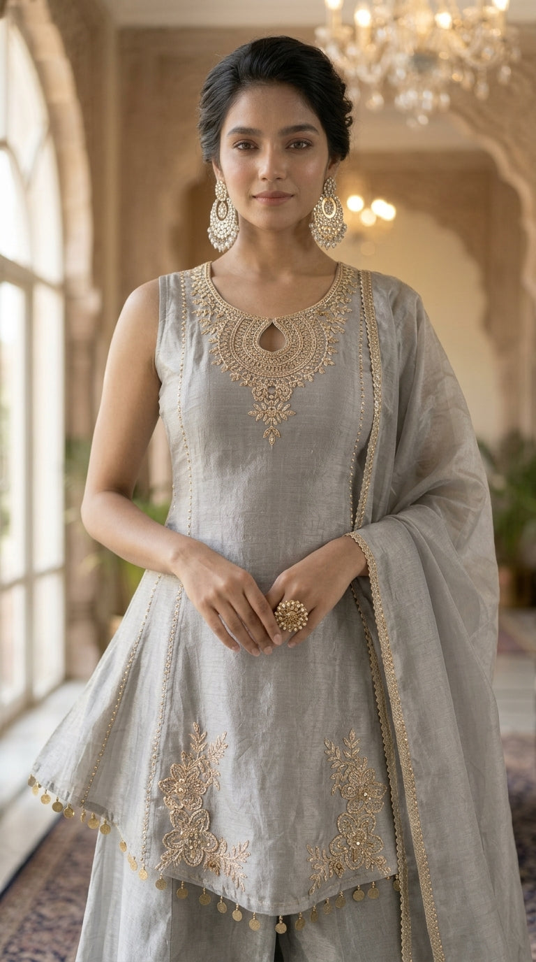 Grey Organza Tissue Sharara Suit
