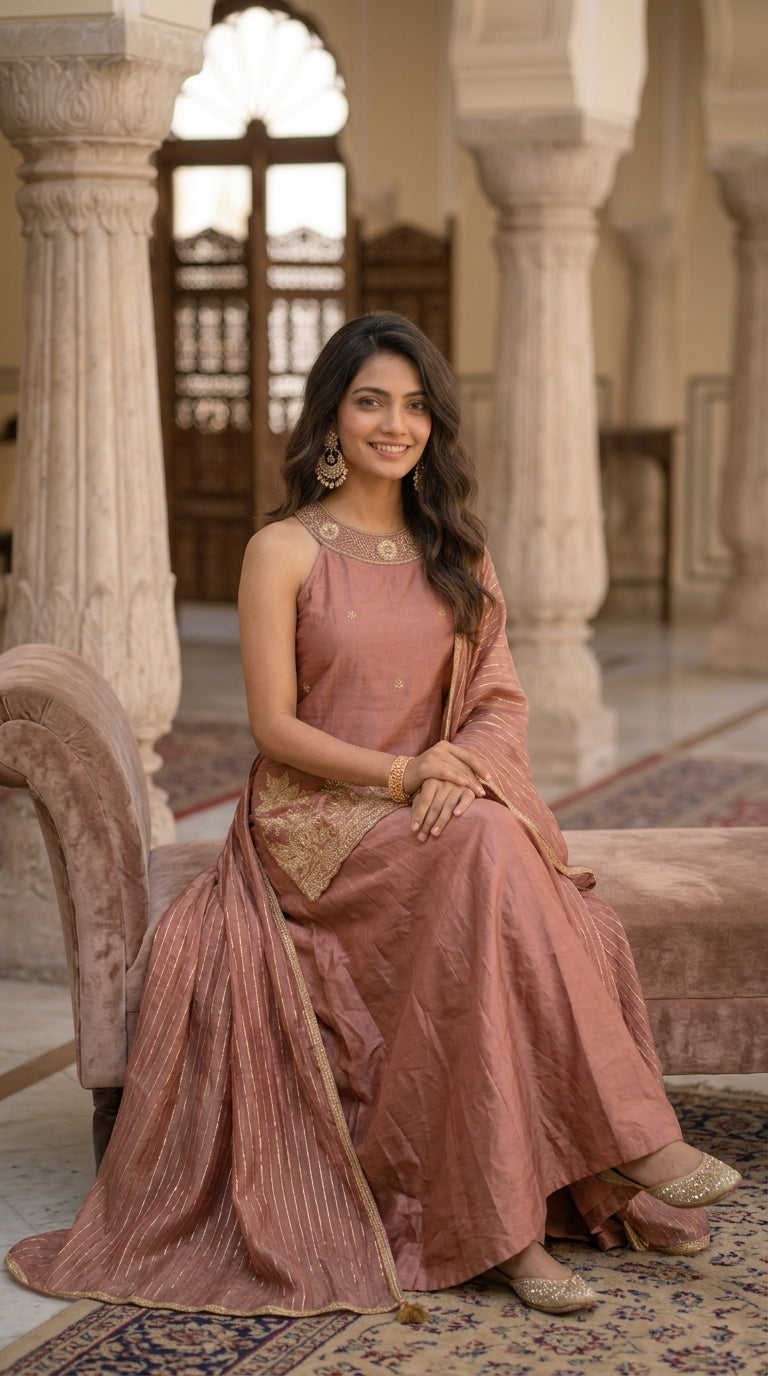 Dusty Rose Tissue Silk Sharara Suit