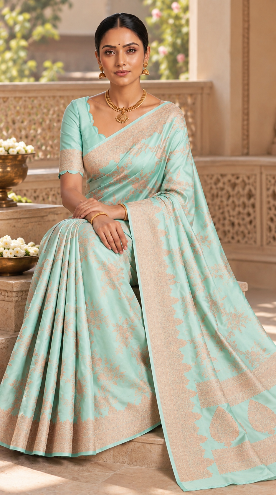 Aqua Blue Banaras Satin Silk Saree