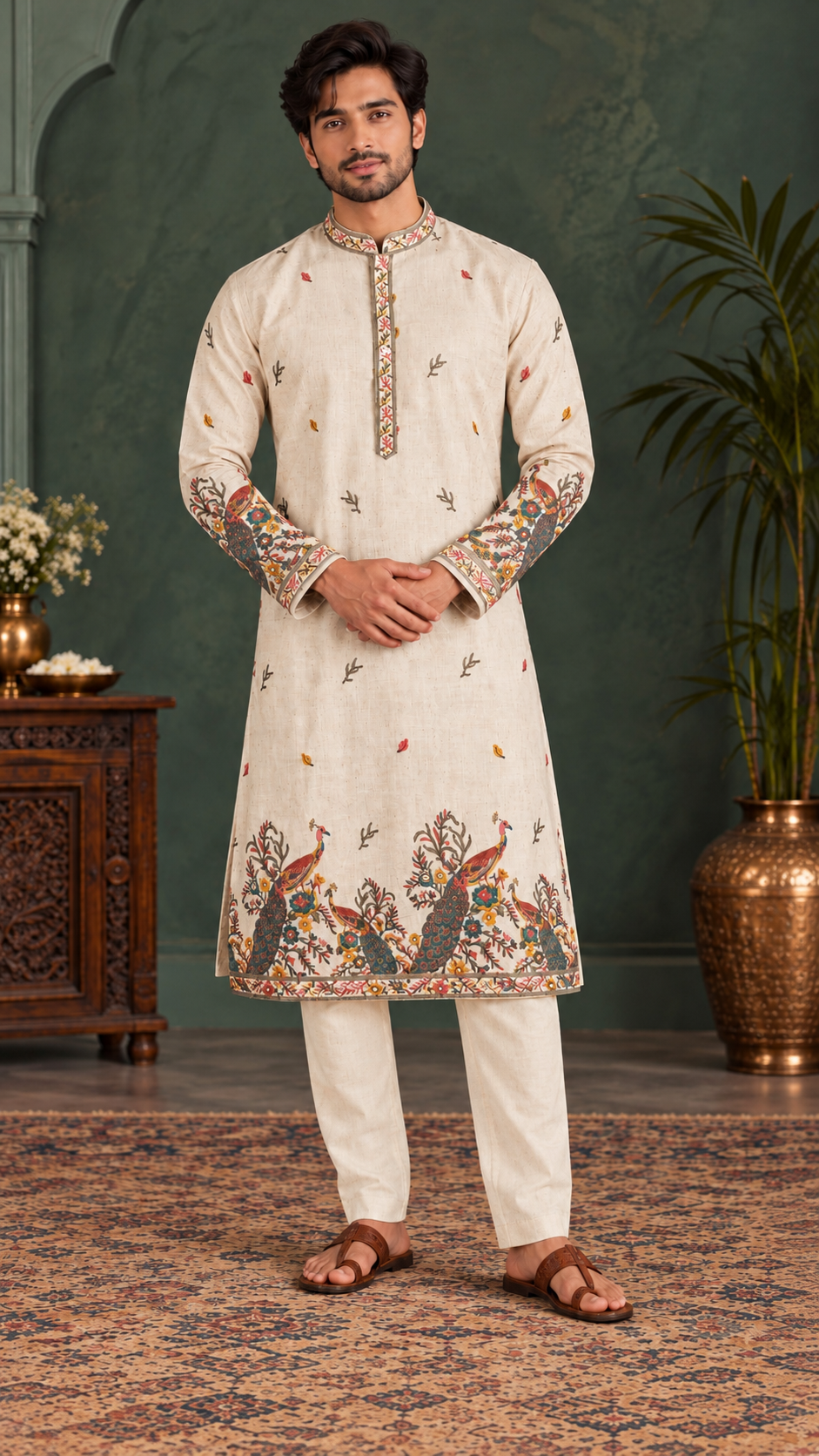 Off White Linen Peacock Embroidered Kurta Set