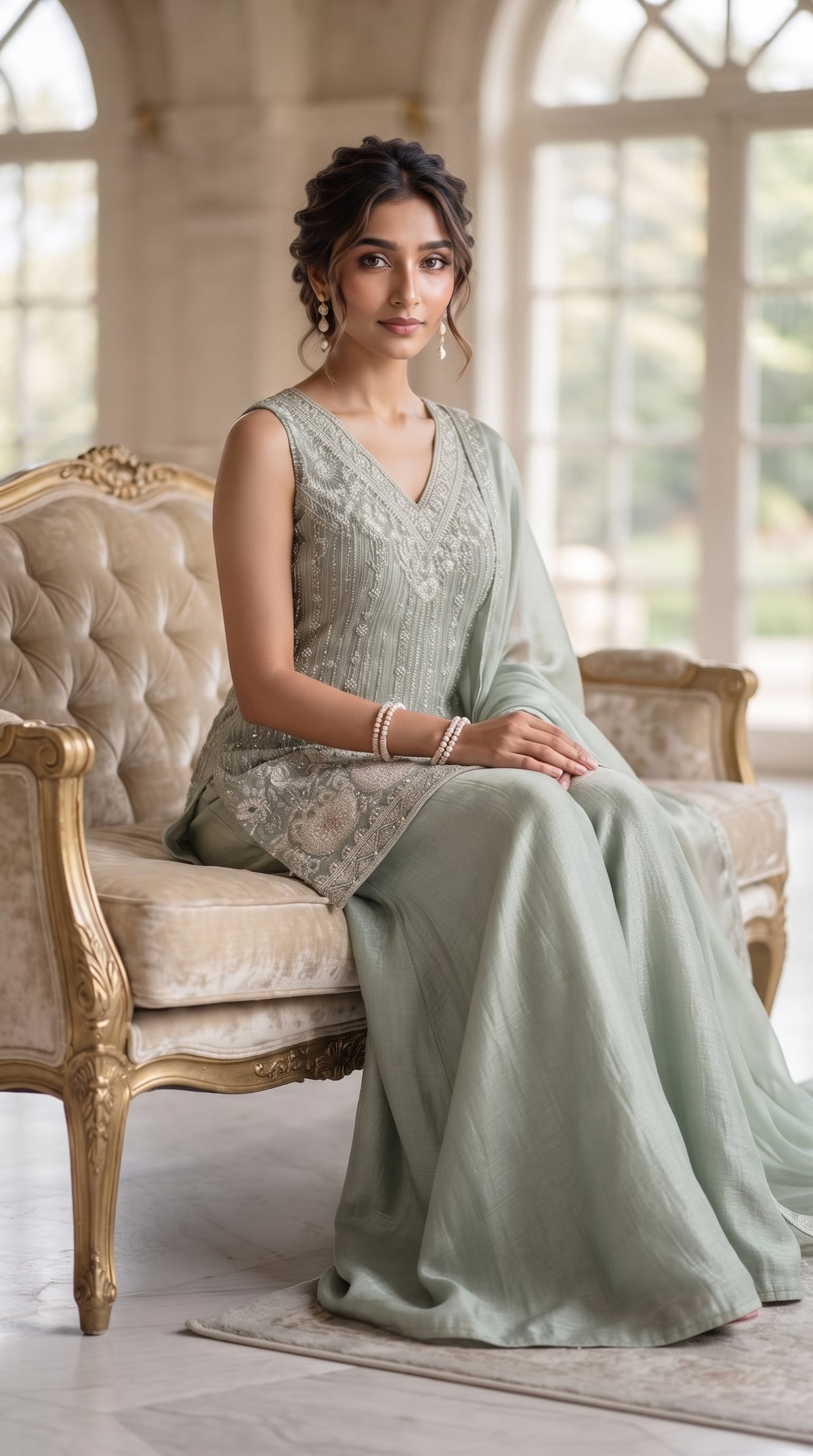 Sea Green Chinon Silk Sharara Suit