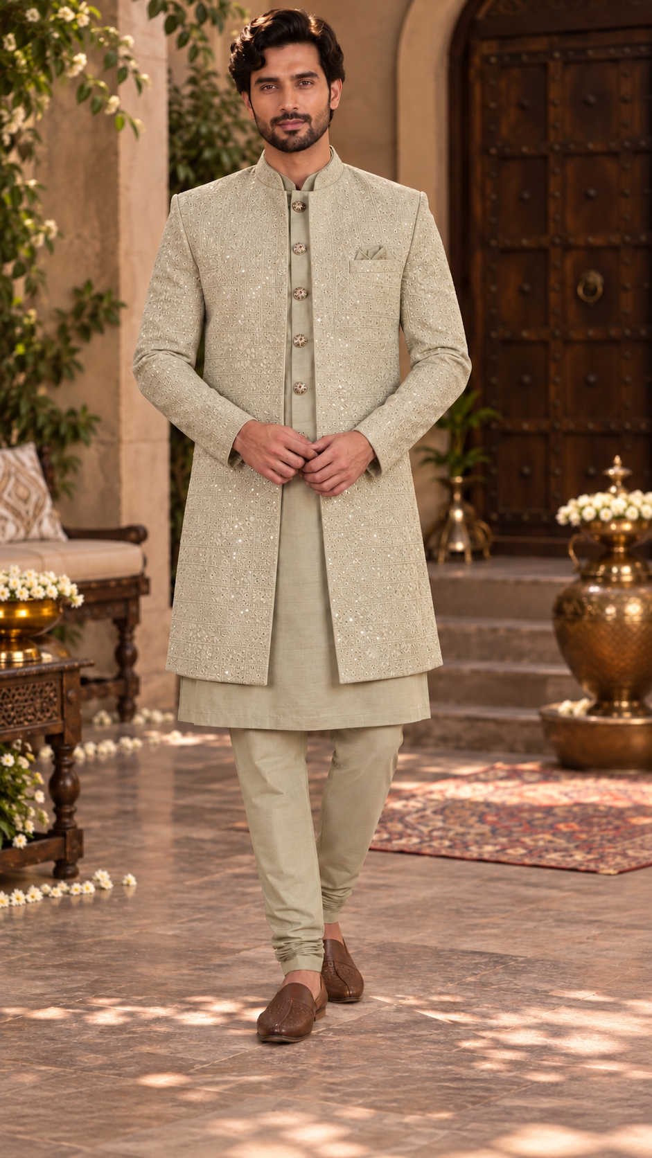 Sage Green Sequin Work Indo-Western Sherwani