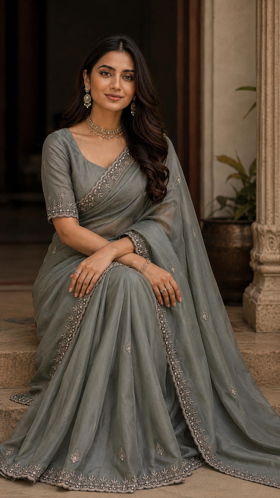 Grey Shimmer Organza Fancy Saree