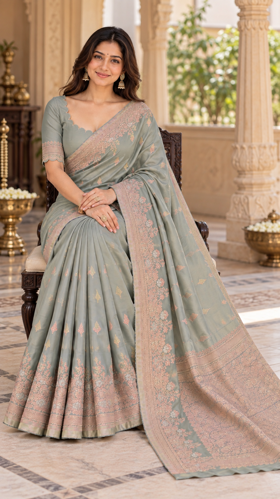 Muted Ash Grey Banaras Satin Silk Saree