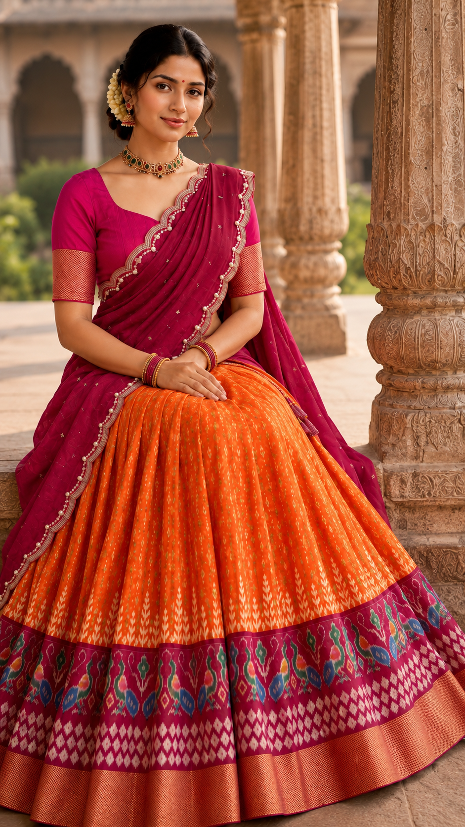 Orange Pochampally Silk Langa Voni