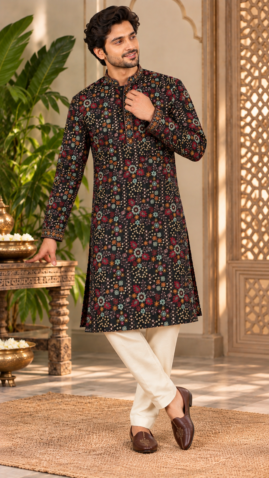 Black Multicolor Floral Embroidered Kurta Set