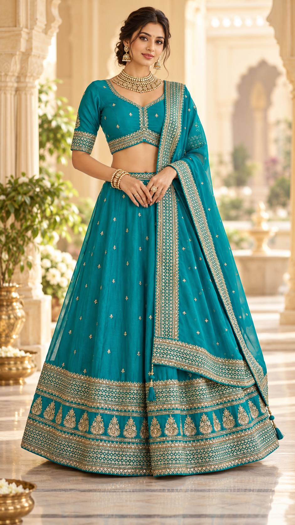 Peacock Teal Chinon Silk Party Wear Crop Top Lehenga