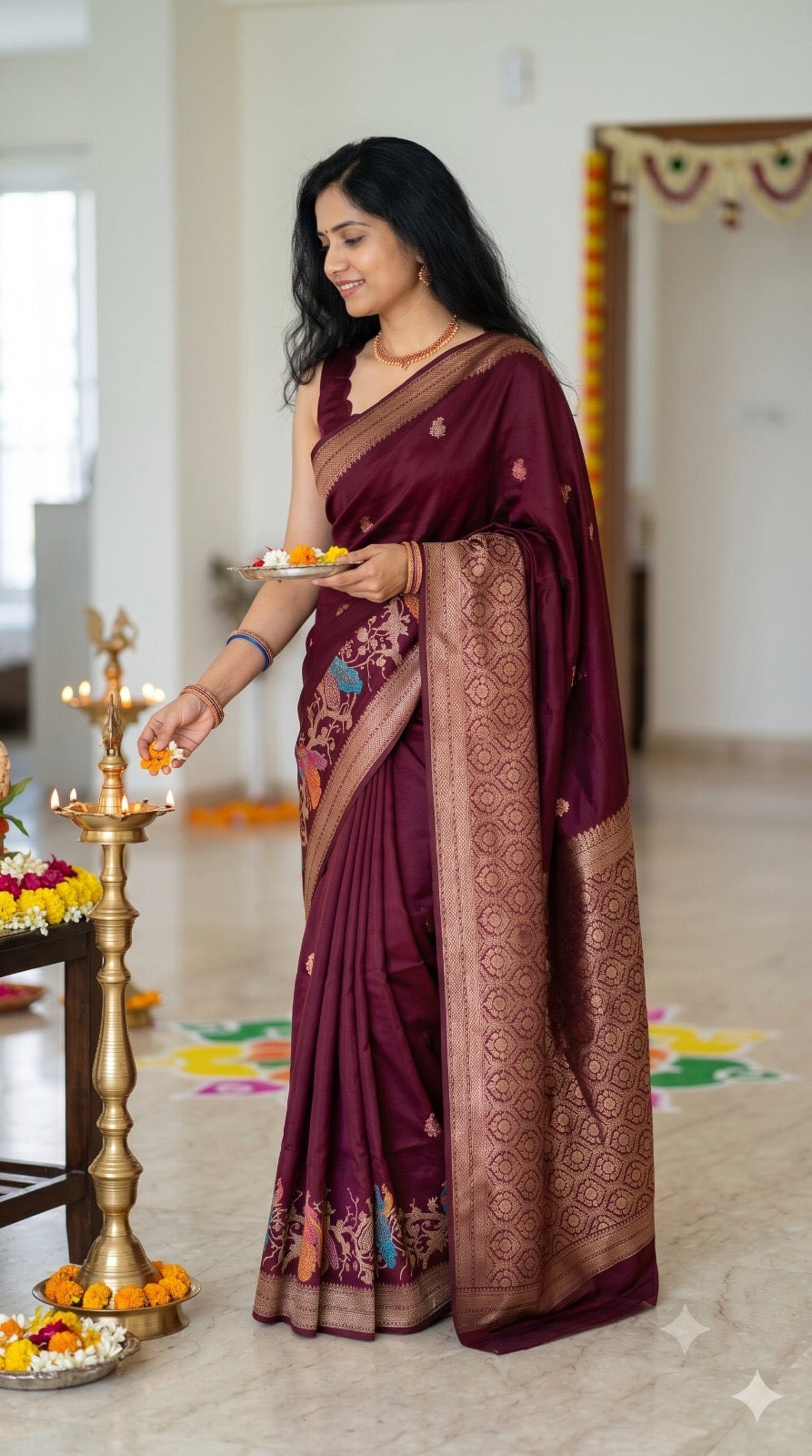 Wine Satin Silk Saree