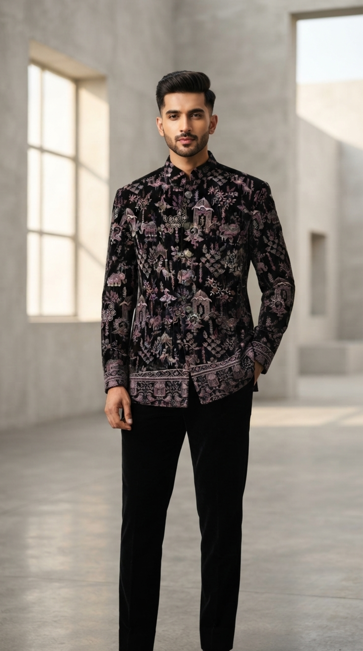 Black Jacquard Silk Jodhpuri