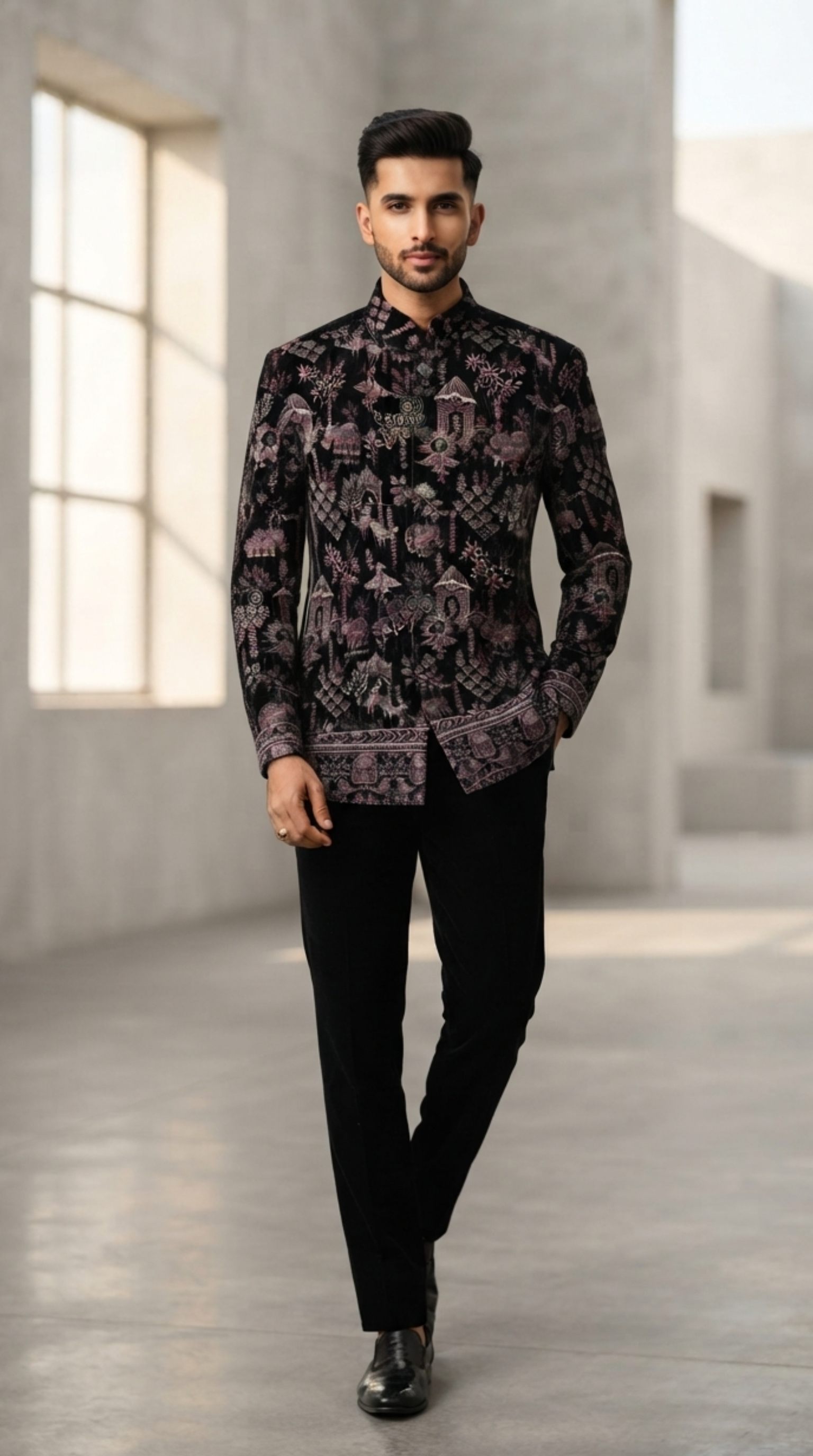 Black Jacquard Silk Jodhpuri