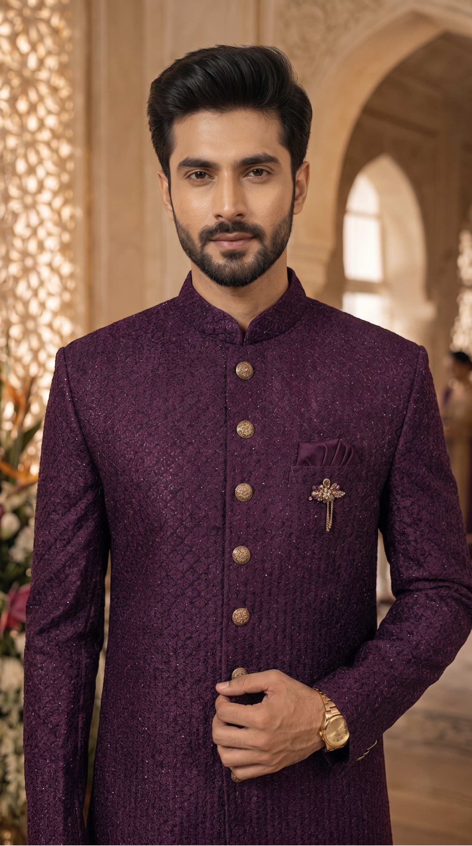 Wine Embroidered Silk Sherwani