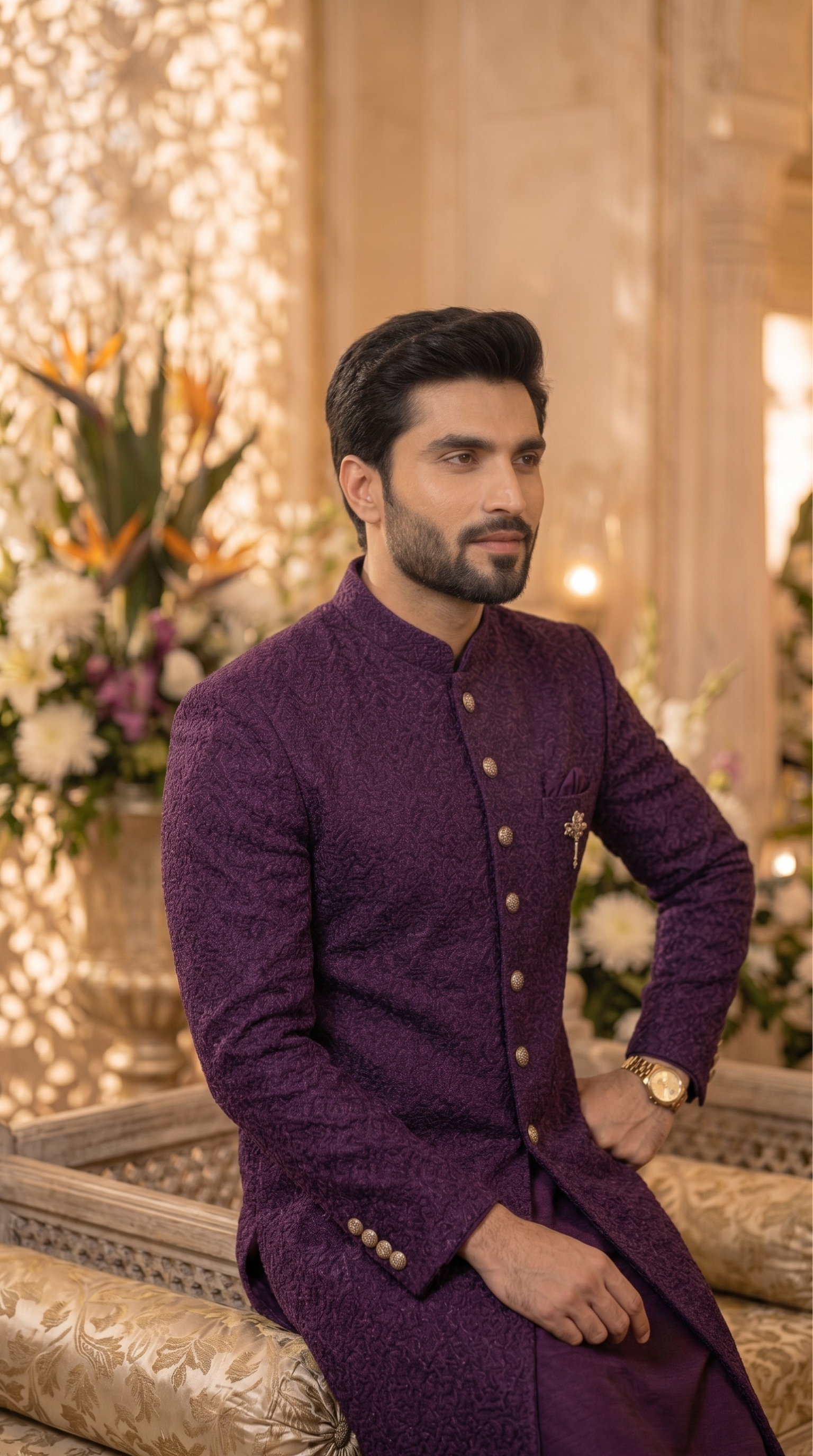 Wine Embroidered Silk Sherwani