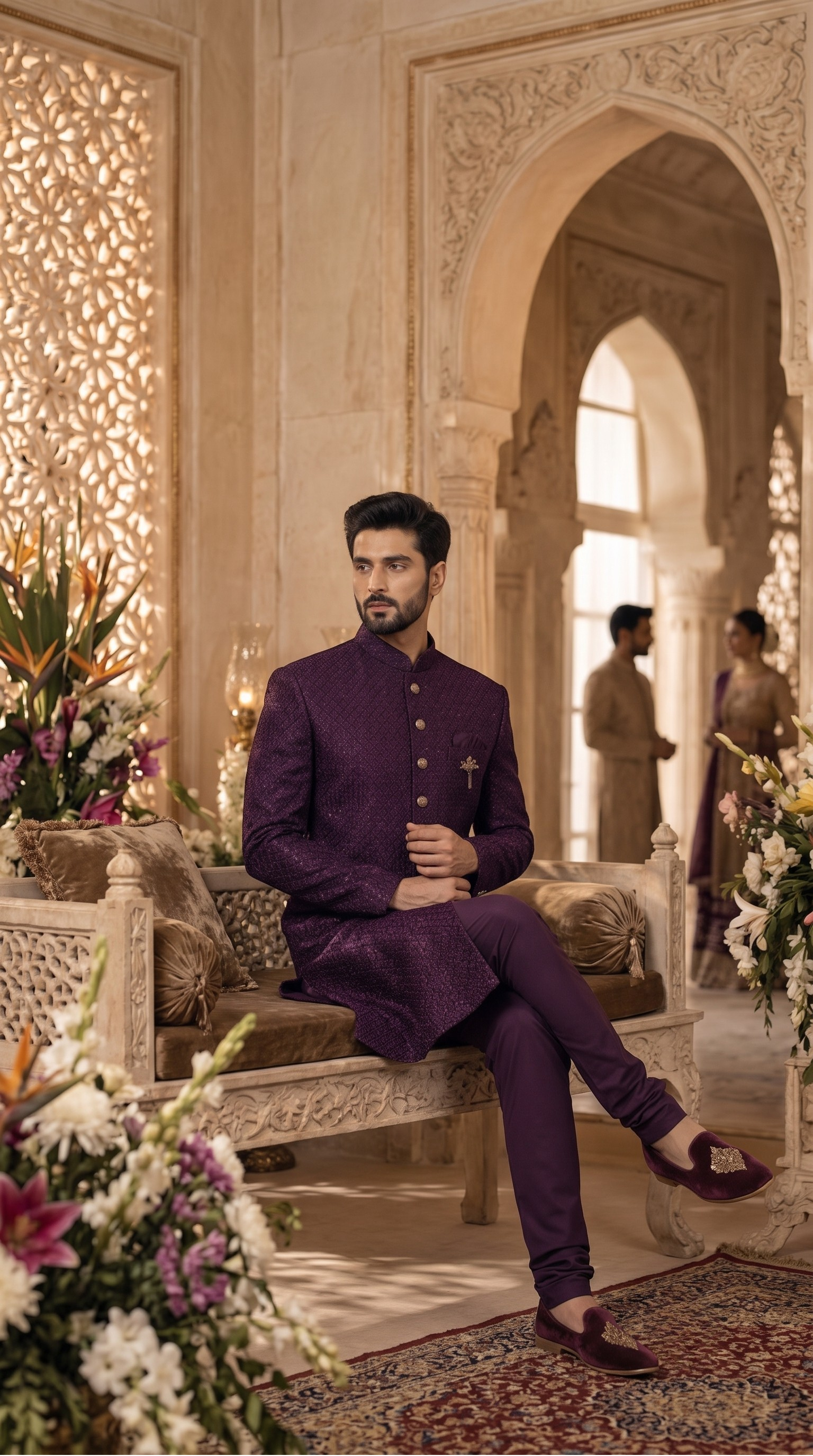 Wine Embroidered Silk Sherwani