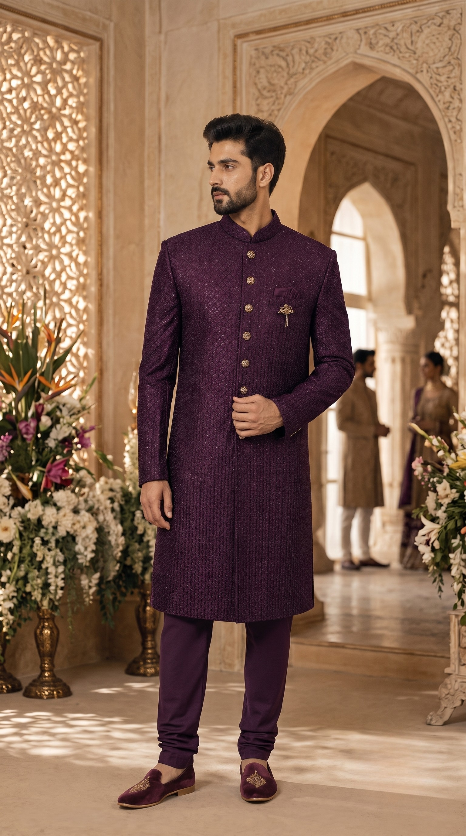 Wine Embroidered Silk Sherwani