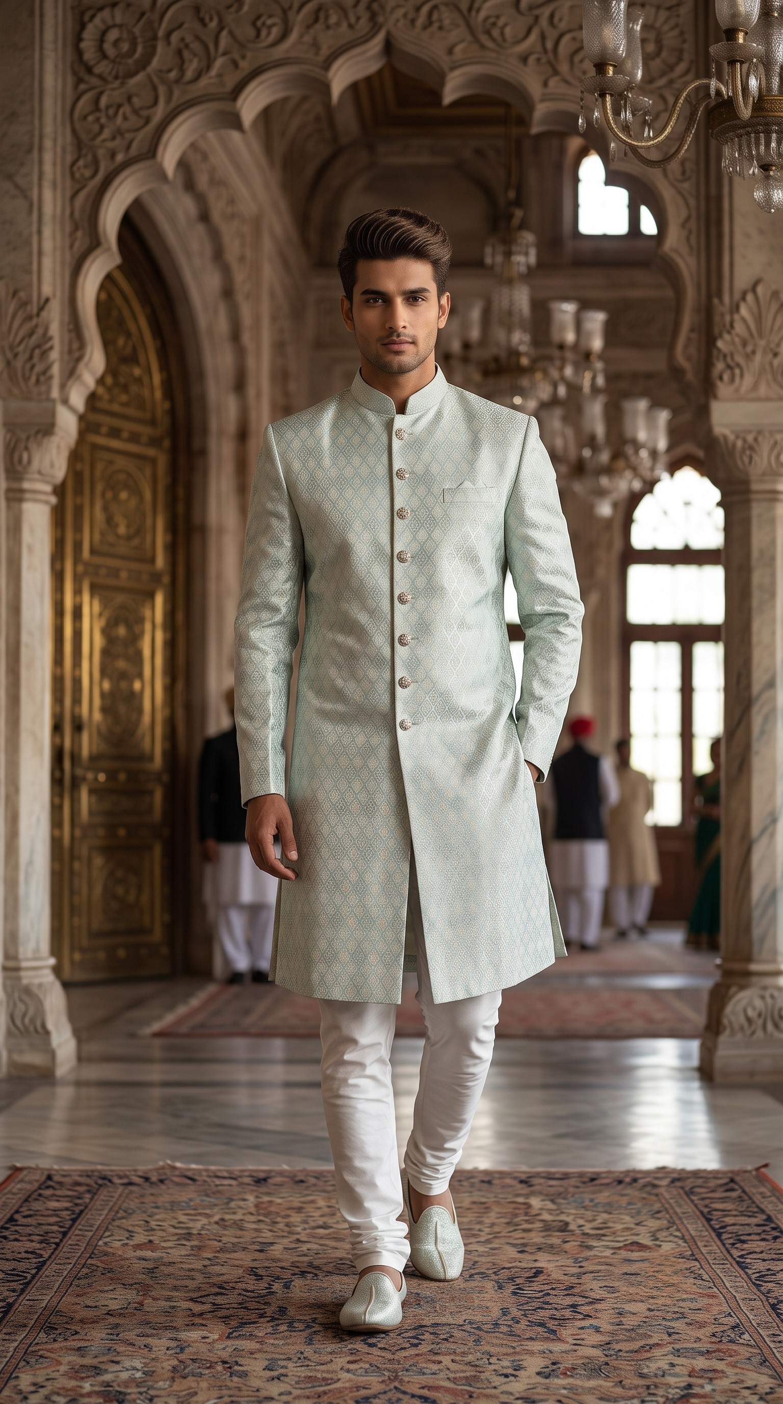 Mint Green Woven Silk Sherwani