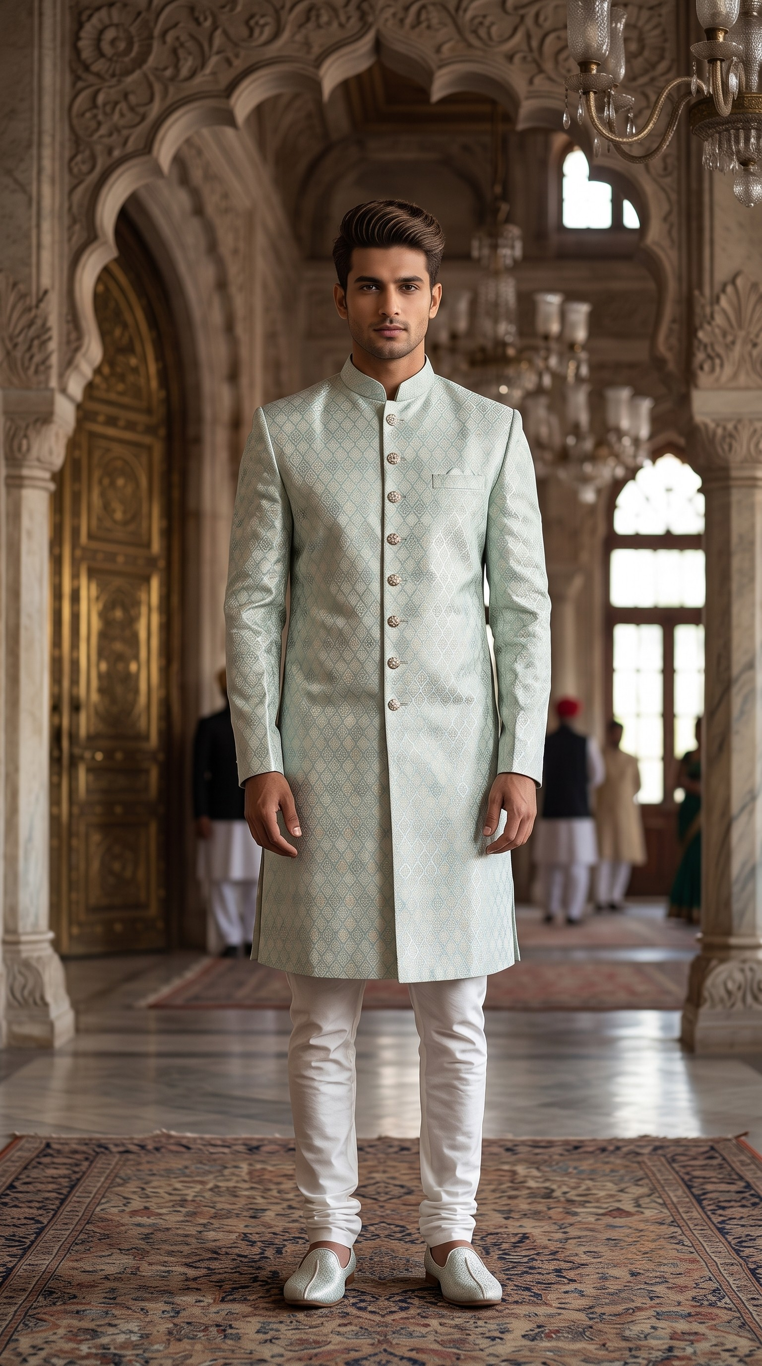 Mint Green Woven Silk Sherwani