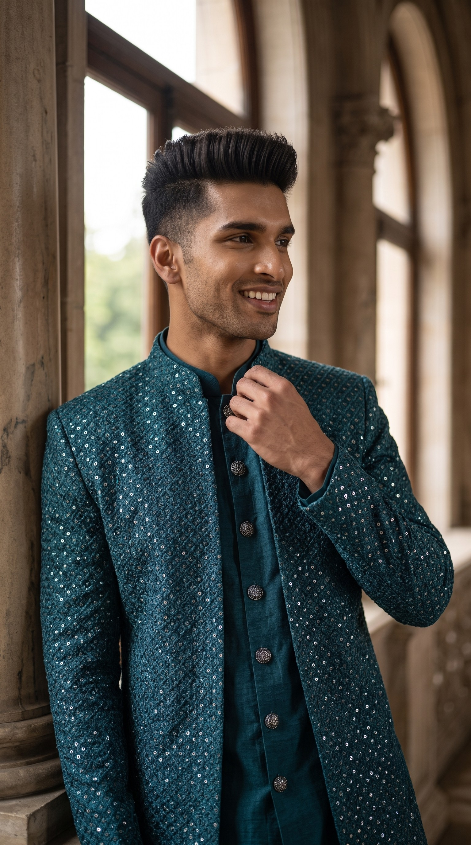Teal Silk 3-Piece Sherwani