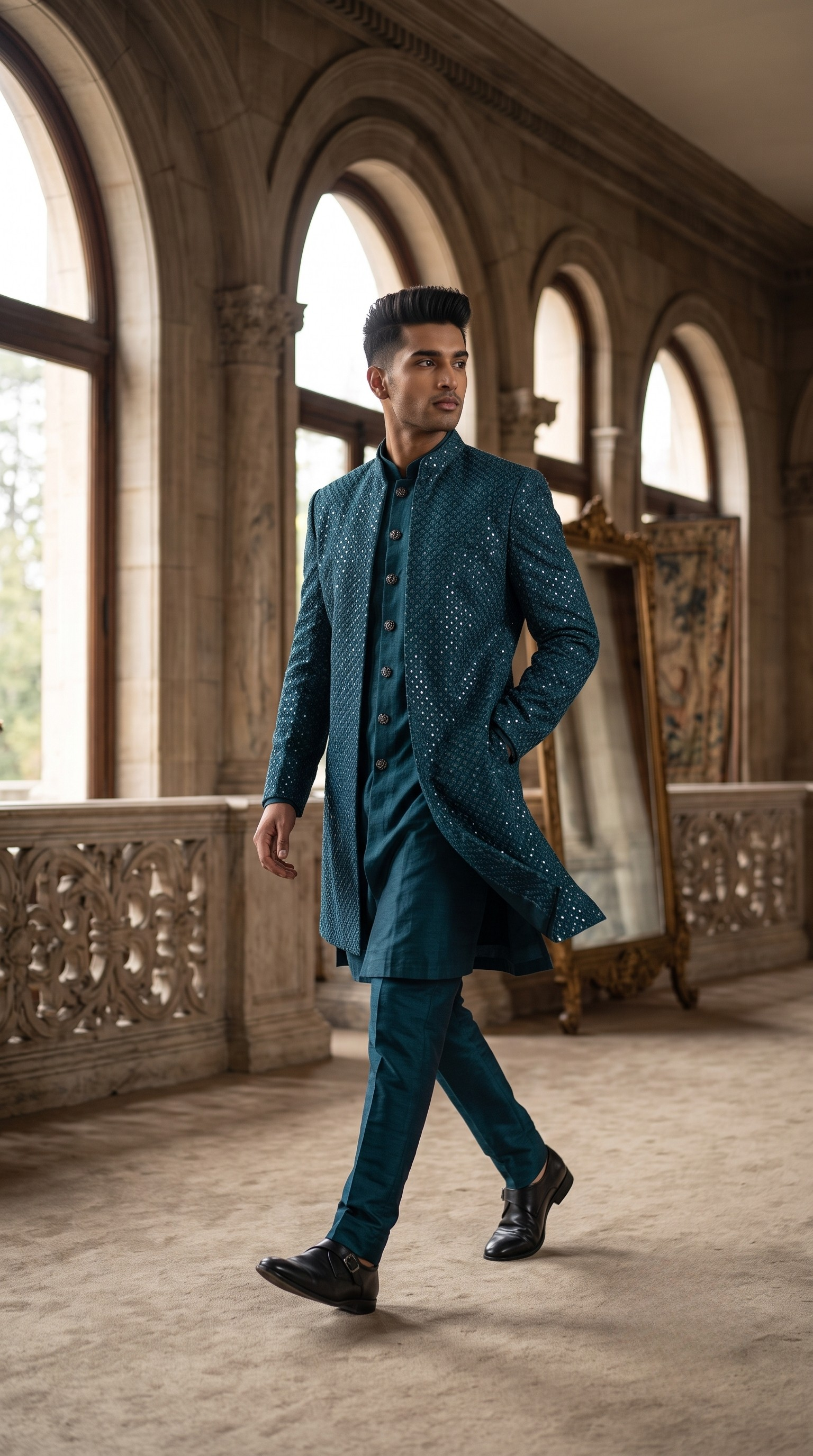 Teal Silk 3-Piece Sherwani