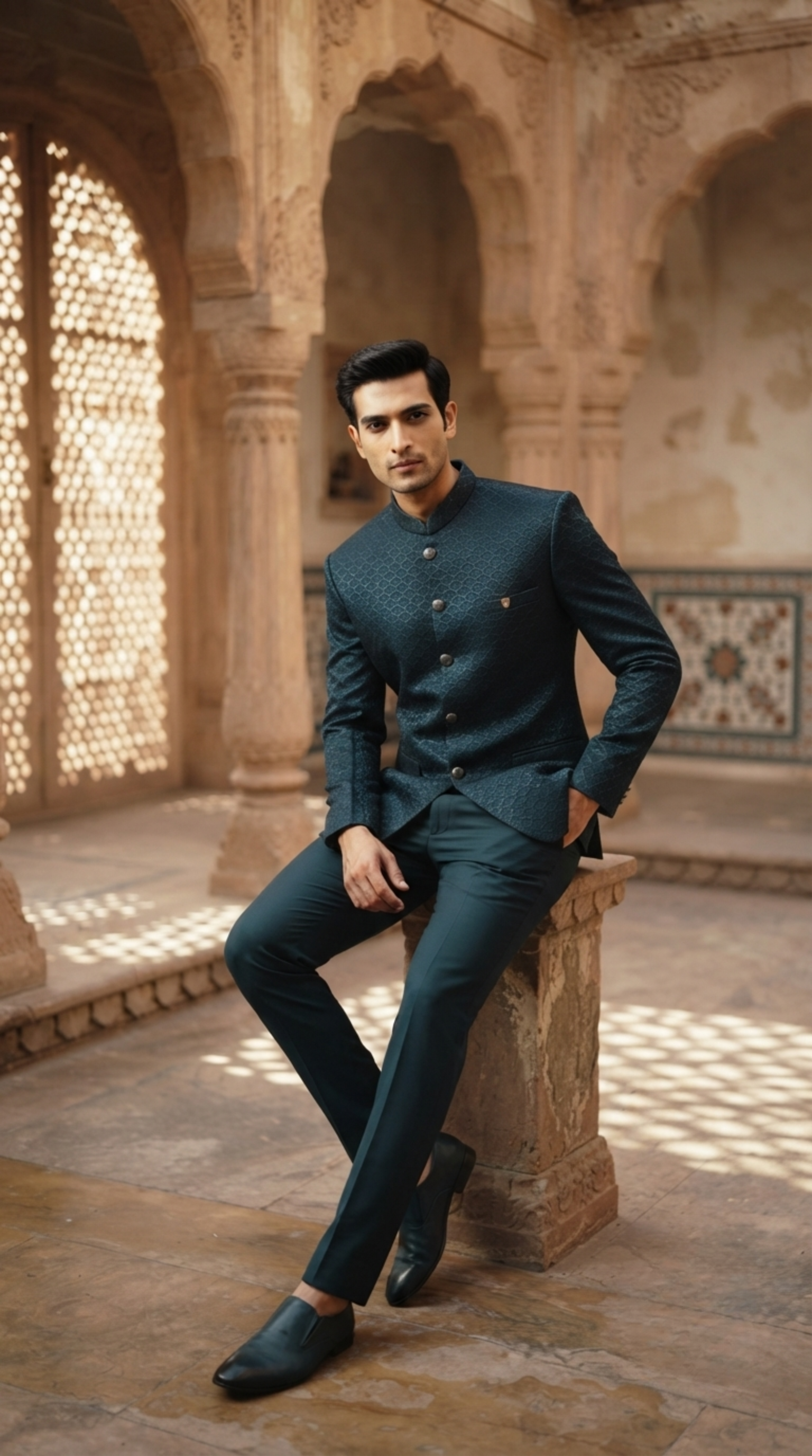 Teal Embroidered Silk Jodhpuri Suit