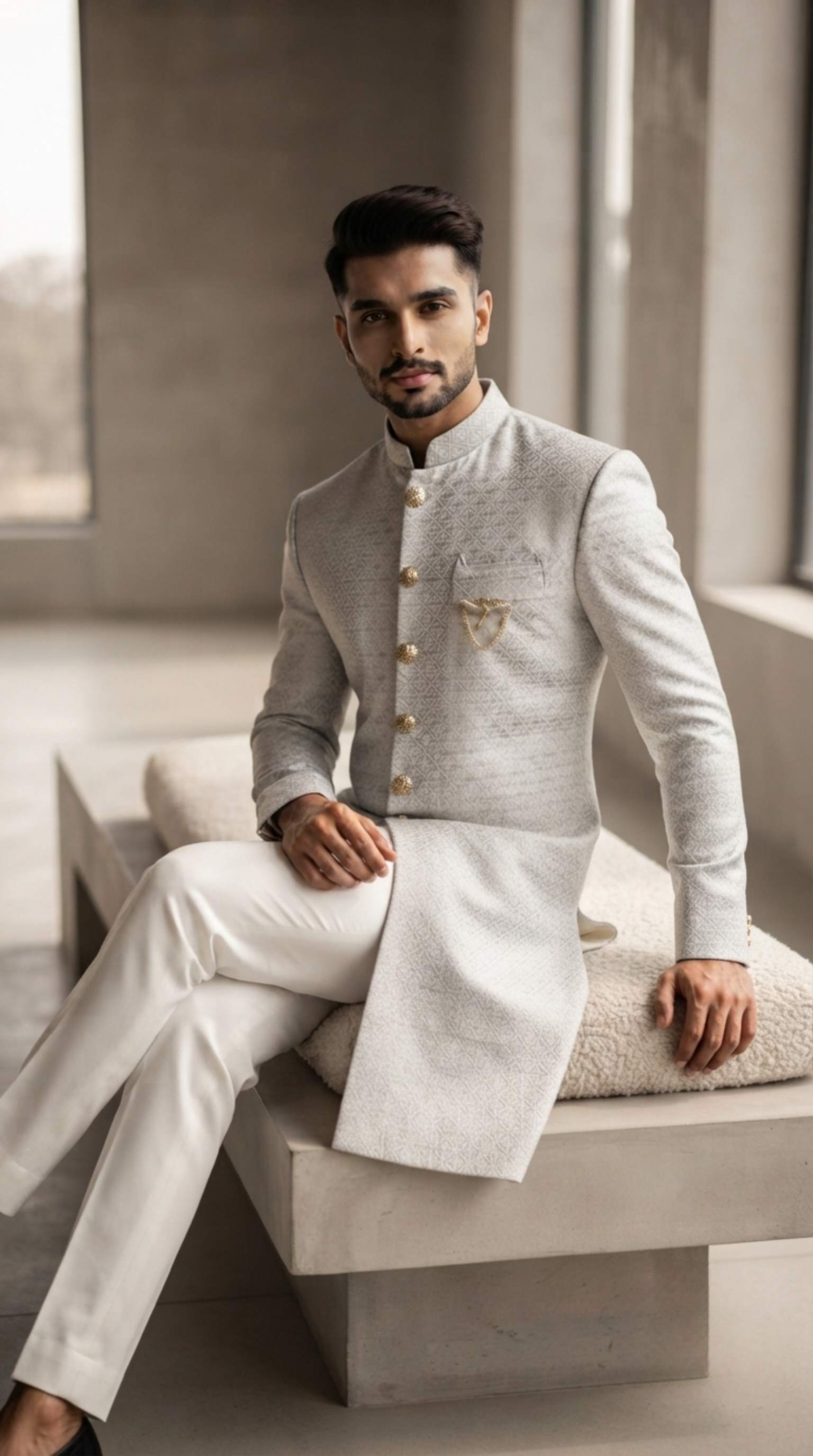 Silver Diamond Silk Sherwani