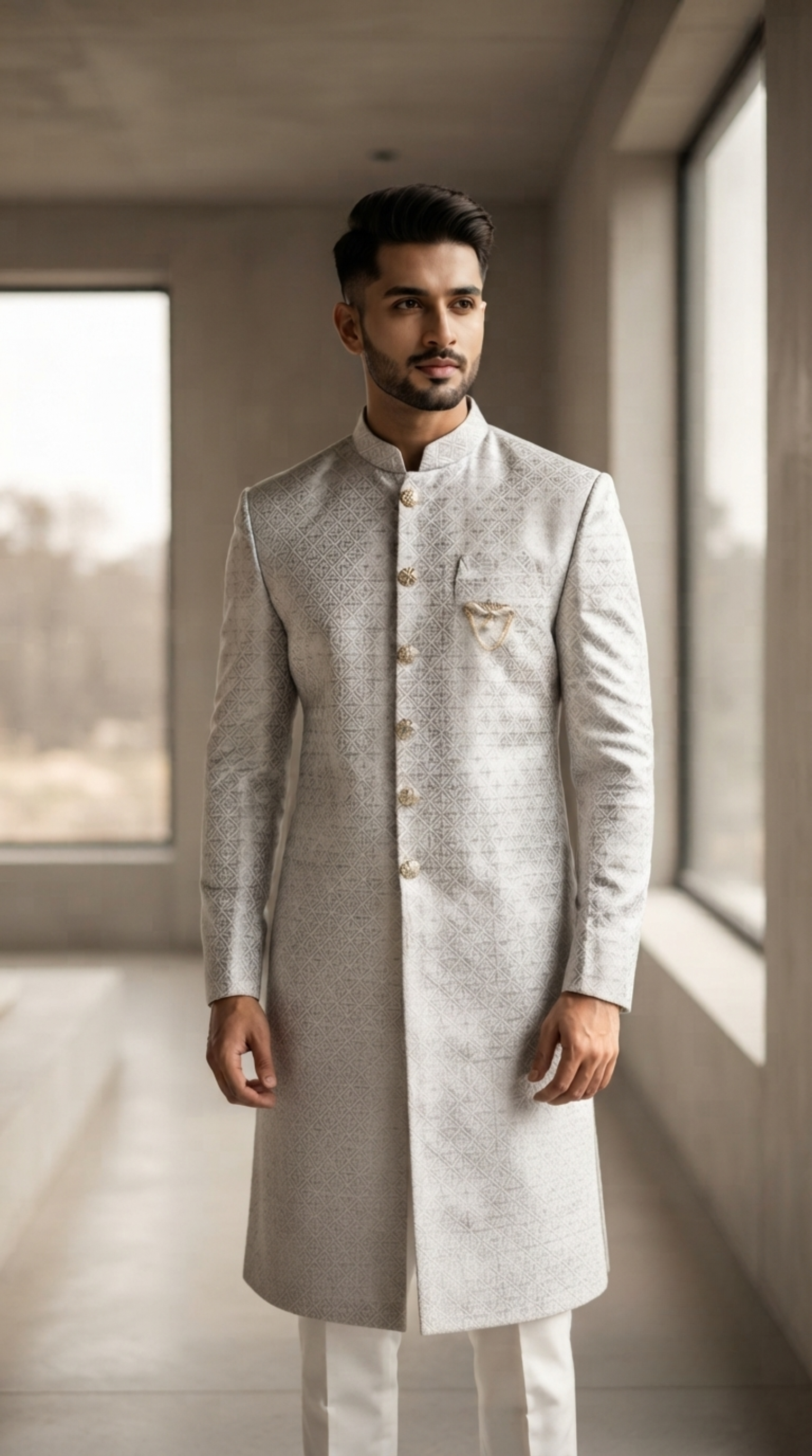 Silver Diamond Silk Sherwani