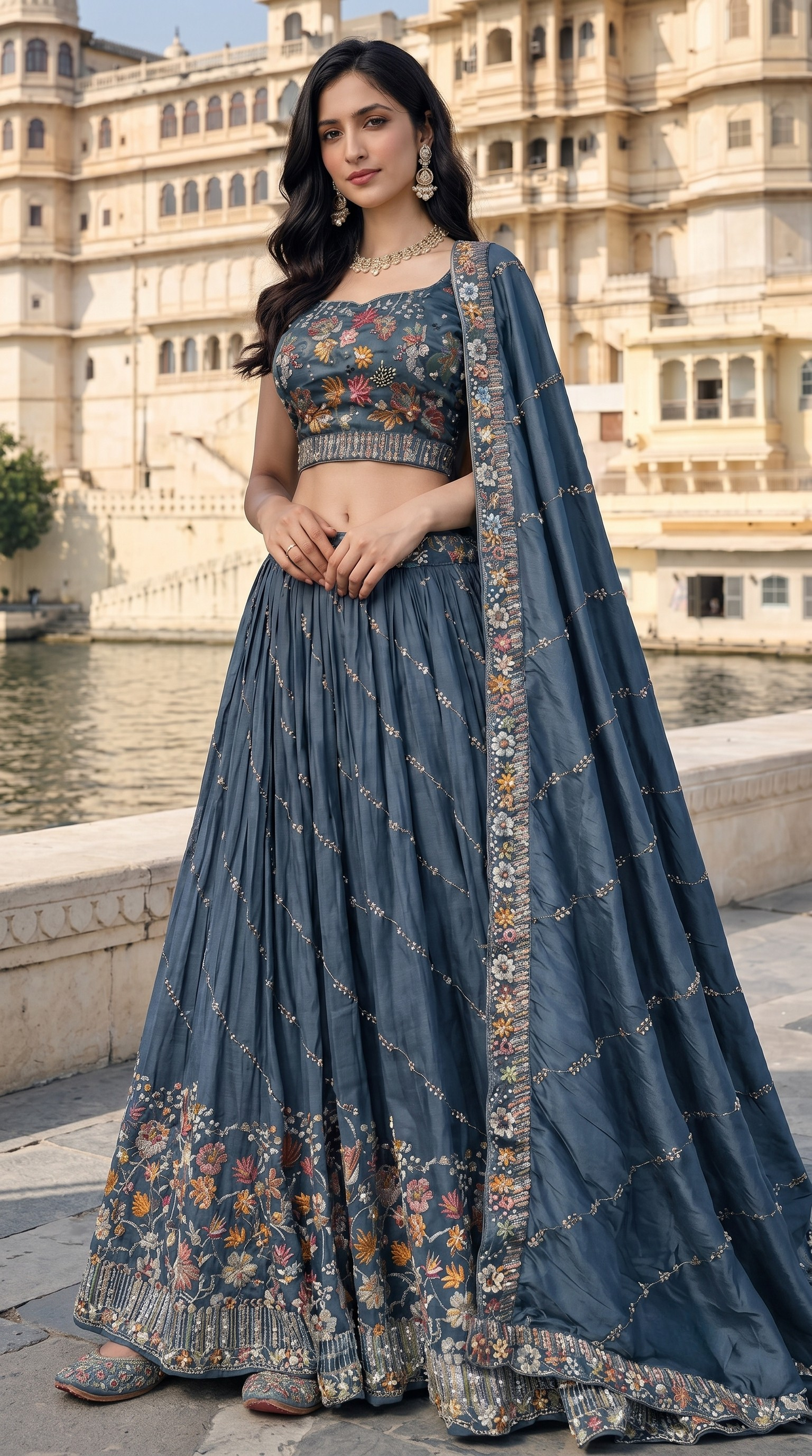 Midnight Blue Floral Lehenga