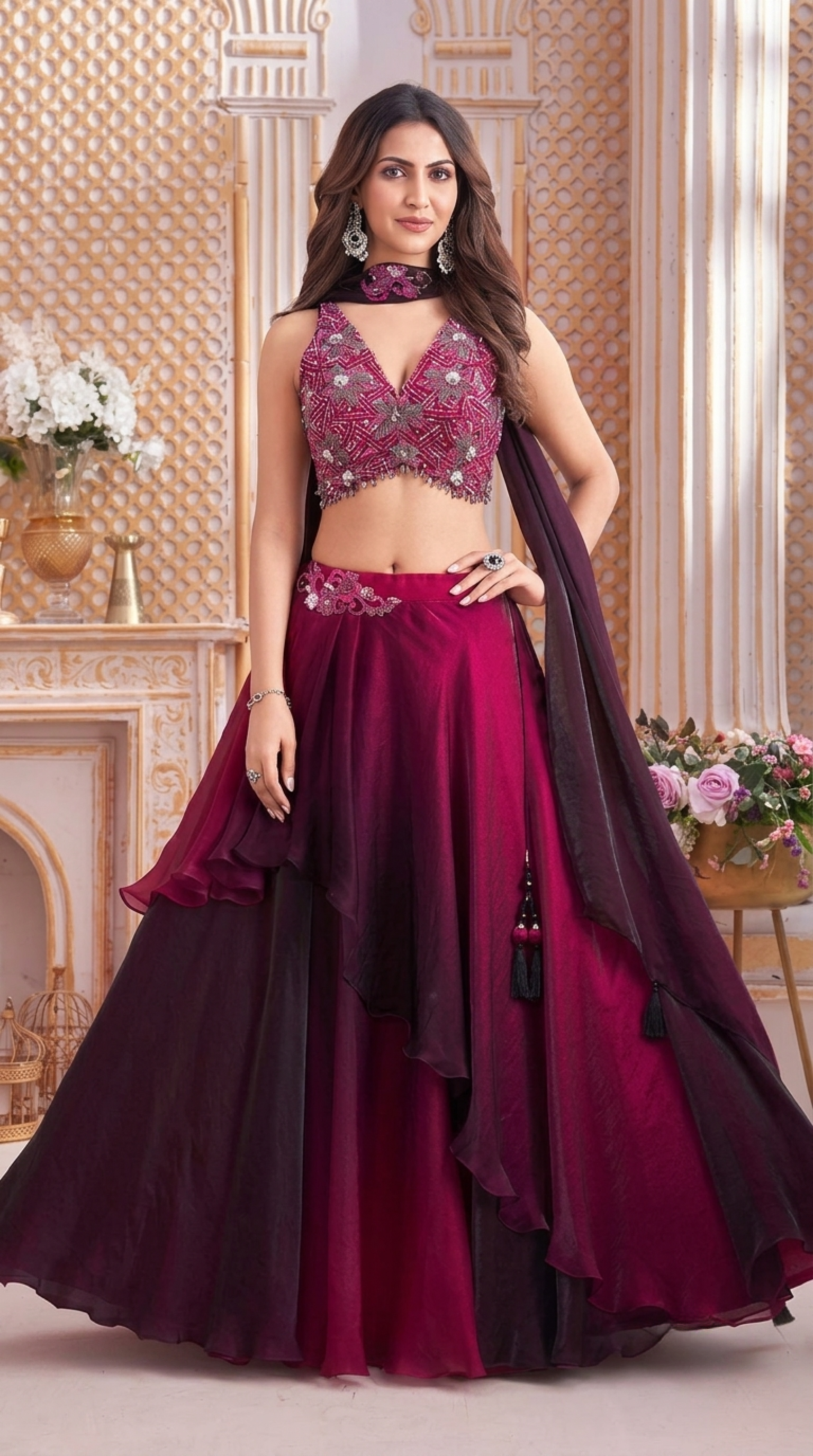 Wine Ombre Layered Lehenga