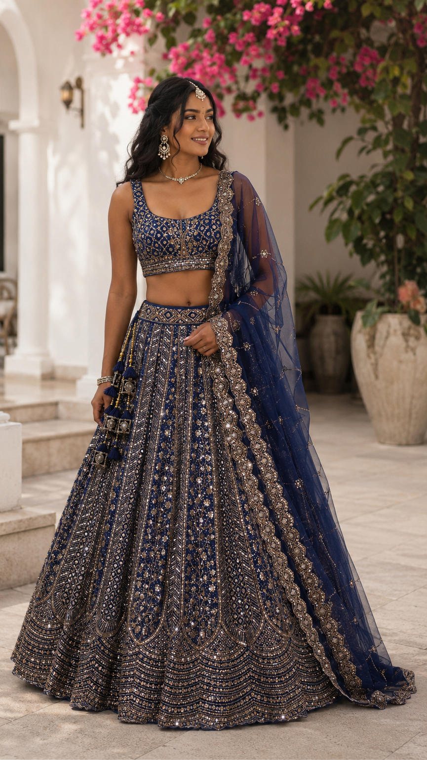 Navy Blue Embroidered Lehenga