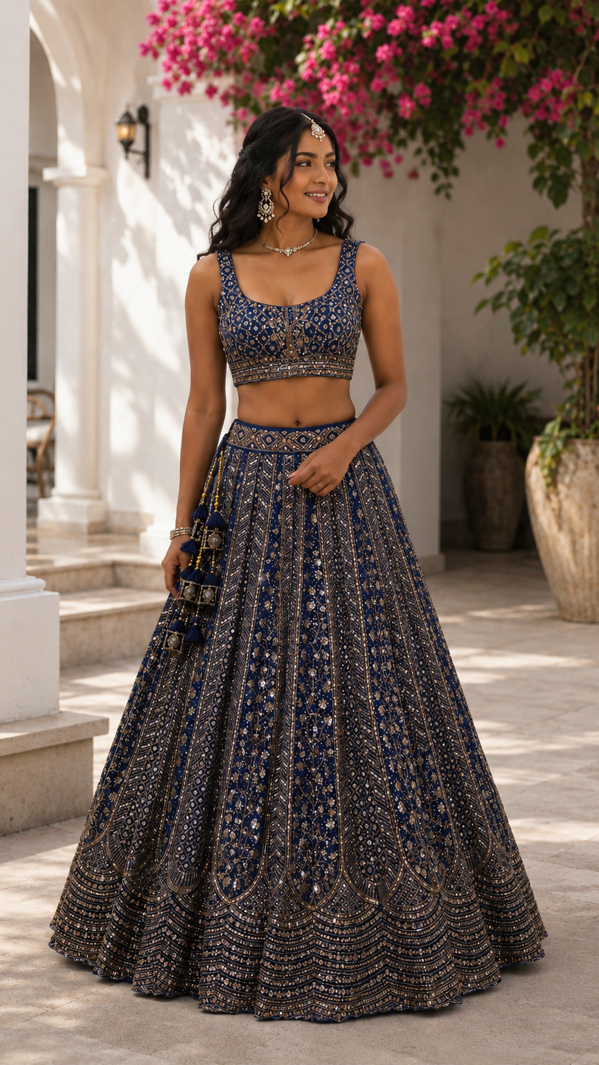 Navy Blue Embroidered Lehenga
