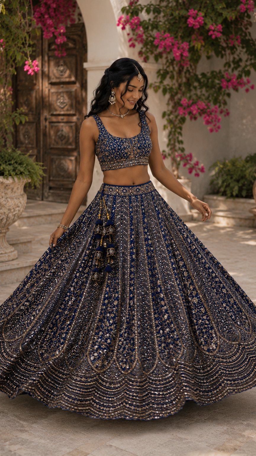 Navy Blue Embroidered Lehenga