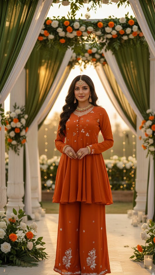 Orange Floral Embroidery Sharara