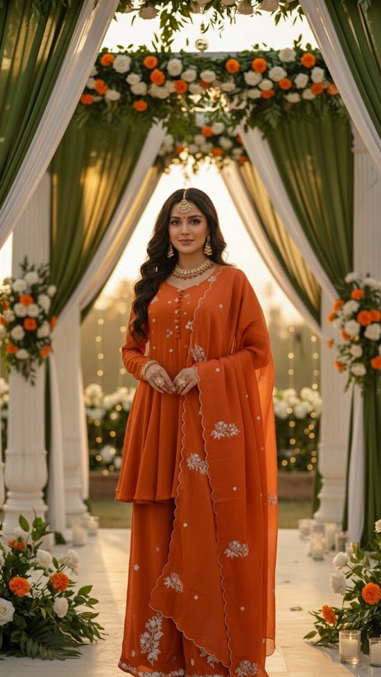 Orange Floral Embroidery Sharara