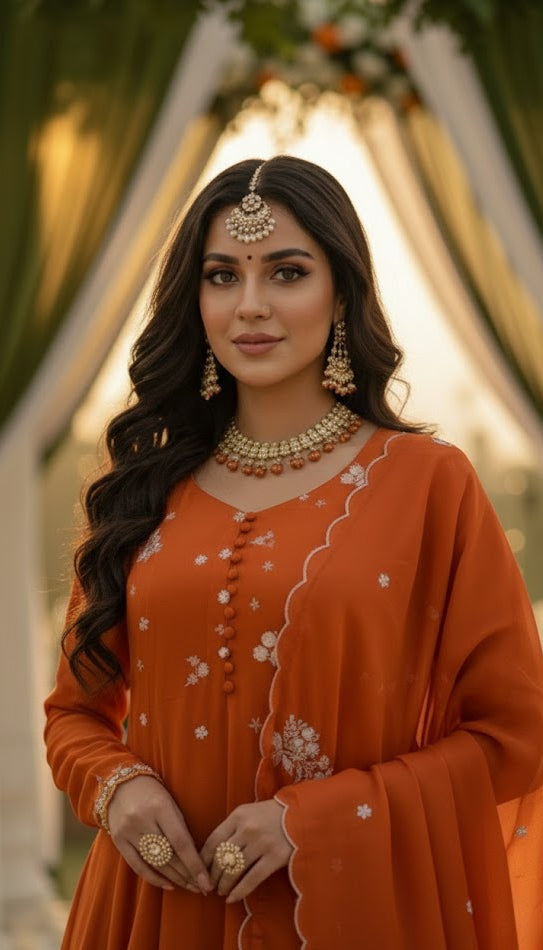 Orange Floral Embroidery Sharara