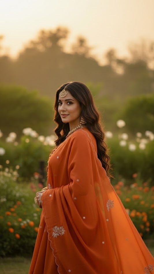 Orange Floral Embroidery Sharara