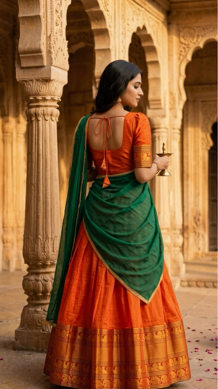 Orange & Green Naraypet Half Saree