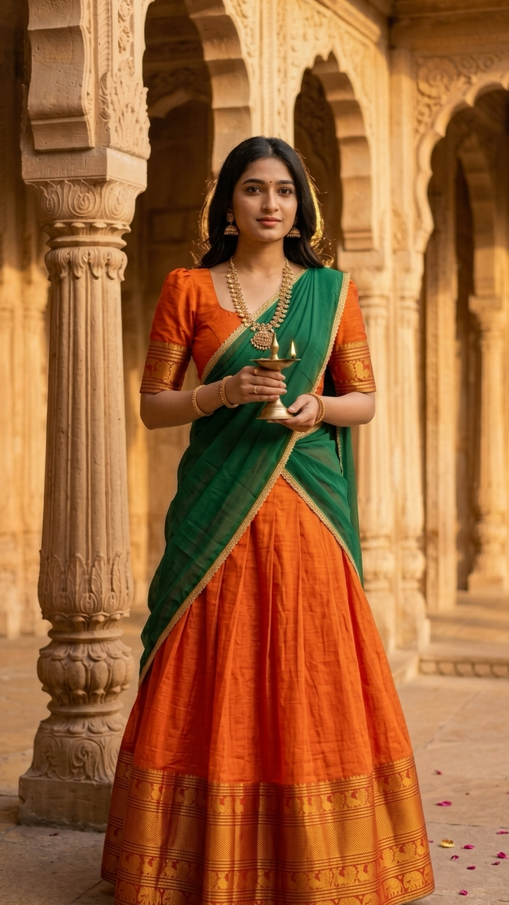 Orange & Green Naraypet Half Saree