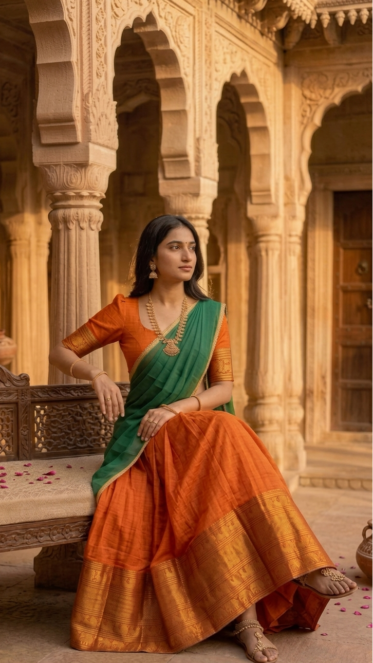 Orange & Green Naraypet Half Saree
