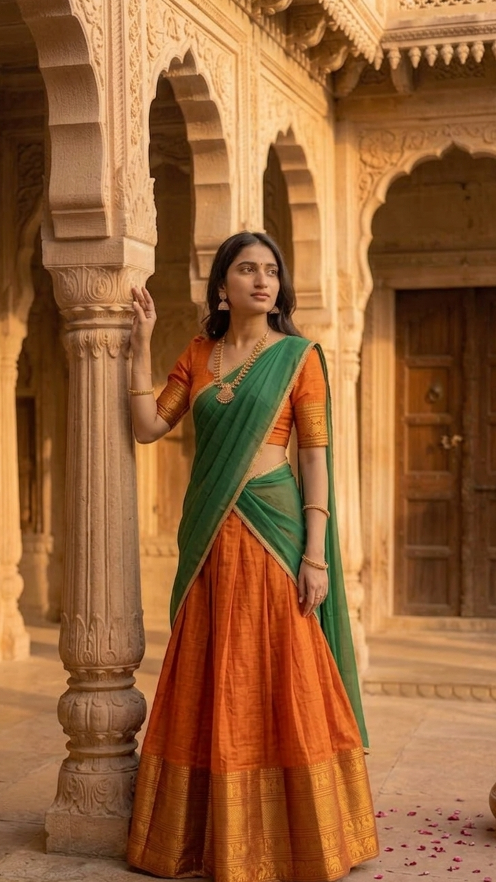 Orange & Green Naraypet Half Saree