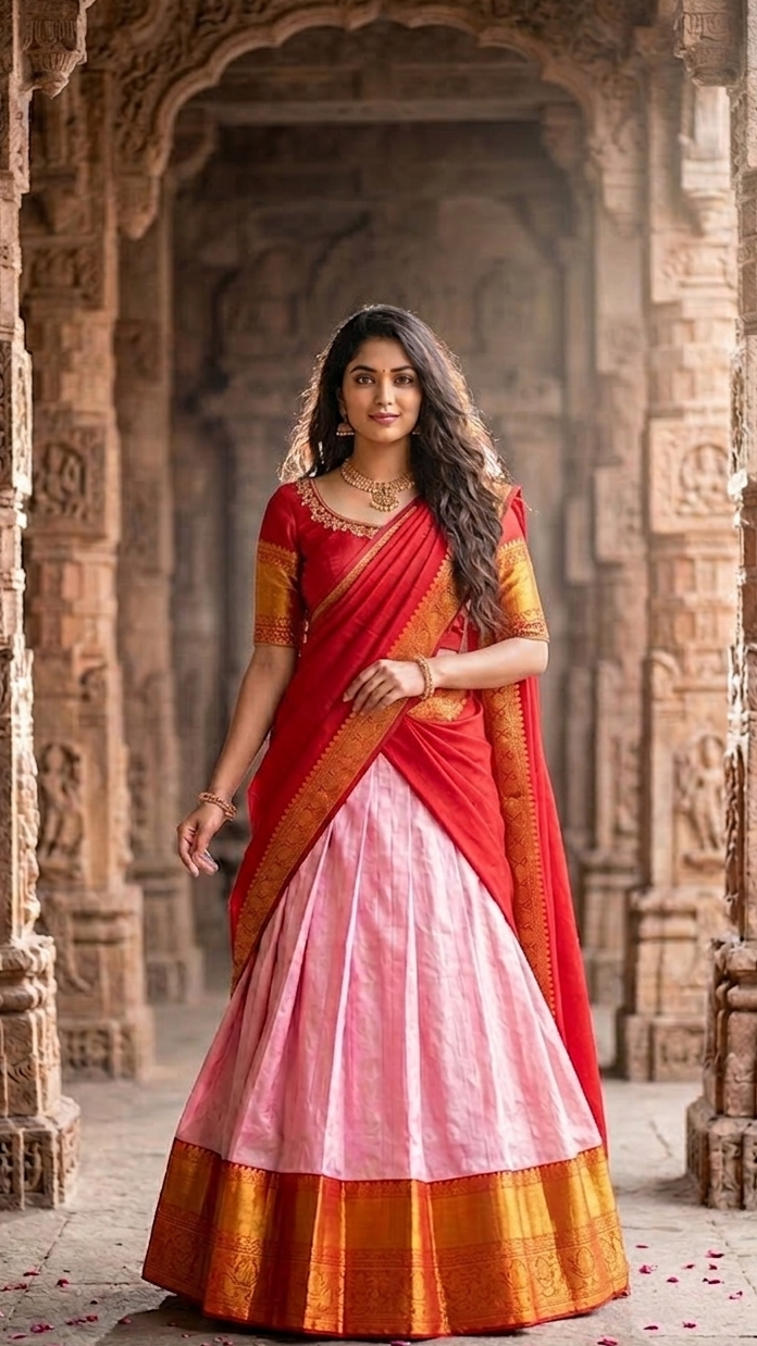 Pink & Red Kanchi Half Saree