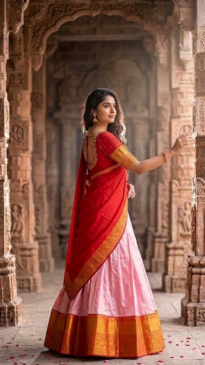 Pink & Red Kanchi Half Saree