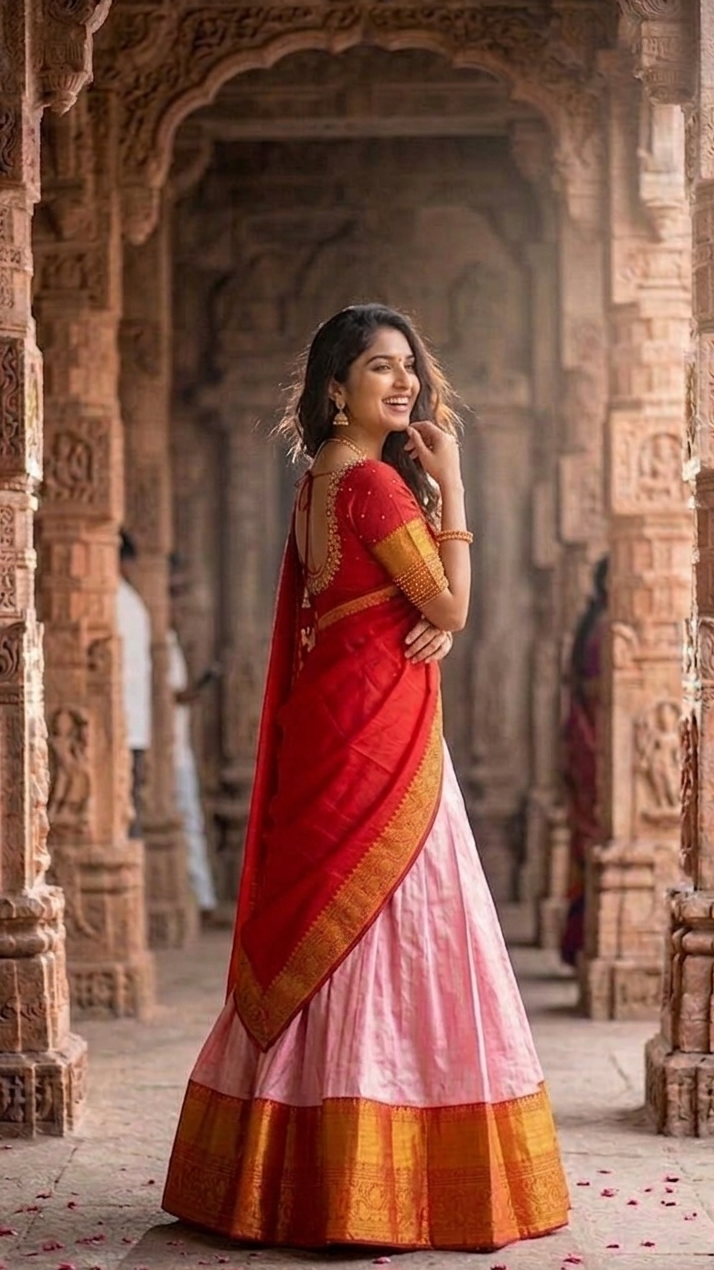 Pink & Red Kanchi Half Saree